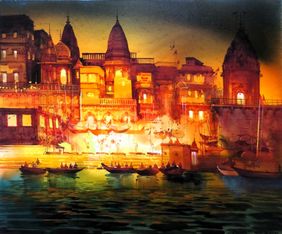 VARANASI GHAT - GANGA AARTI by Bhuwan Silhare, Painting | Mojarto