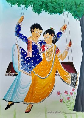 Babu-Bibi on a swing by Bhaskar Chitrakar, Painting | Mojarto