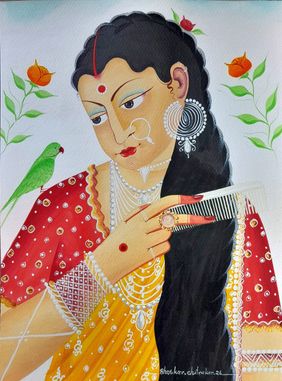 Bibi combing her hair, with parrot and roses by Bhaskar Chitrakar, Painting | Mojarto