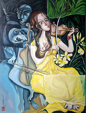Violin Player in Music World by Tapan Chattopadhyay, Painting | Mojarto