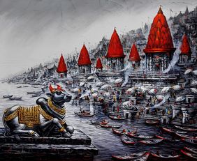 Fortunes of Nandi's Ghats: The Bull of Eternal Abundance by Ananda Das, Painting | Mojarto