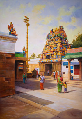 Golden Hours of Kanchi Shri Ulagalantha Perumal temple by Deivasigamani M, Painting | Mojarto