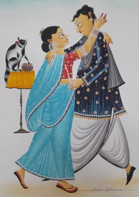 Babu-Bibi romancing with cat on tabla by Bhaskar Chitrakar, Folk Art | Mojarto