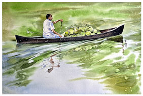 Harvest Along the Waterway by Raji Pavithran, Painting | Mojarto