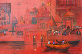 Evening Varanasi Ghats III by Partha Chowdhury, Painting | Mojarto