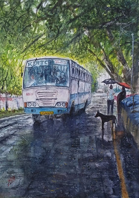Bus On Rainy day  by Sabari Girish T, Painting | Mojarto