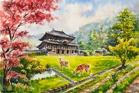 Echoes of peace: Todaiji temple Nara by Lasya Upadhyaya, Painting | Mojarto