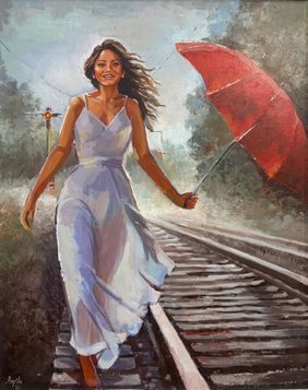 Red Umbrella by Arpita Dasgupta, Painting | Mojarto