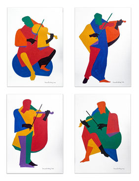 Musicians in Motion ( a set of 4 works / each 8.2x11.5 inches ) by Prasanta Acharjee, Painting | Mojarto