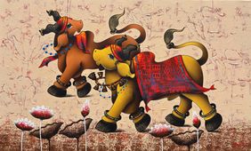 Joyful Nandi's by Paras Parmar, Painting | Mojarto