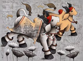 Joyful Nandi's by Paras Parmar, Painting | Mojarto