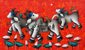 Joyful Nandi's by Paras Parmar, Painting | Mojarto