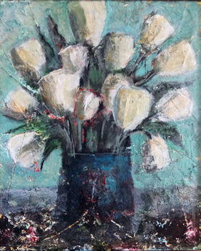 White Flowers Bouquet in a Vase Mixed Media Abstract Textured by Indrani Ghosh, Painting | Mojarto