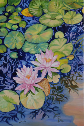 pink lily pond  by Sulakshana Dharmadhikari, Painting | Mojarto