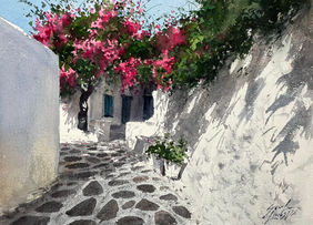 Bougainvillea on a sunlit Alley by Sunil Linus De, Painting | Mojarto
