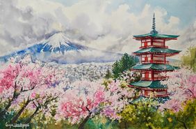 Echoes of peace 2: Chureito pagoda Japan by Lasya Upadhyaya, Painting | Mojarto