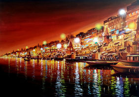 Colorful Festival Night Varanasi Ghats by Samiran Sarkar, Painting | Mojarto