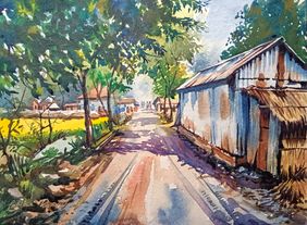 Afternoon Shadows by the Tin-Roof House, Bengal by pabitra kundu, Painting | Mojarto